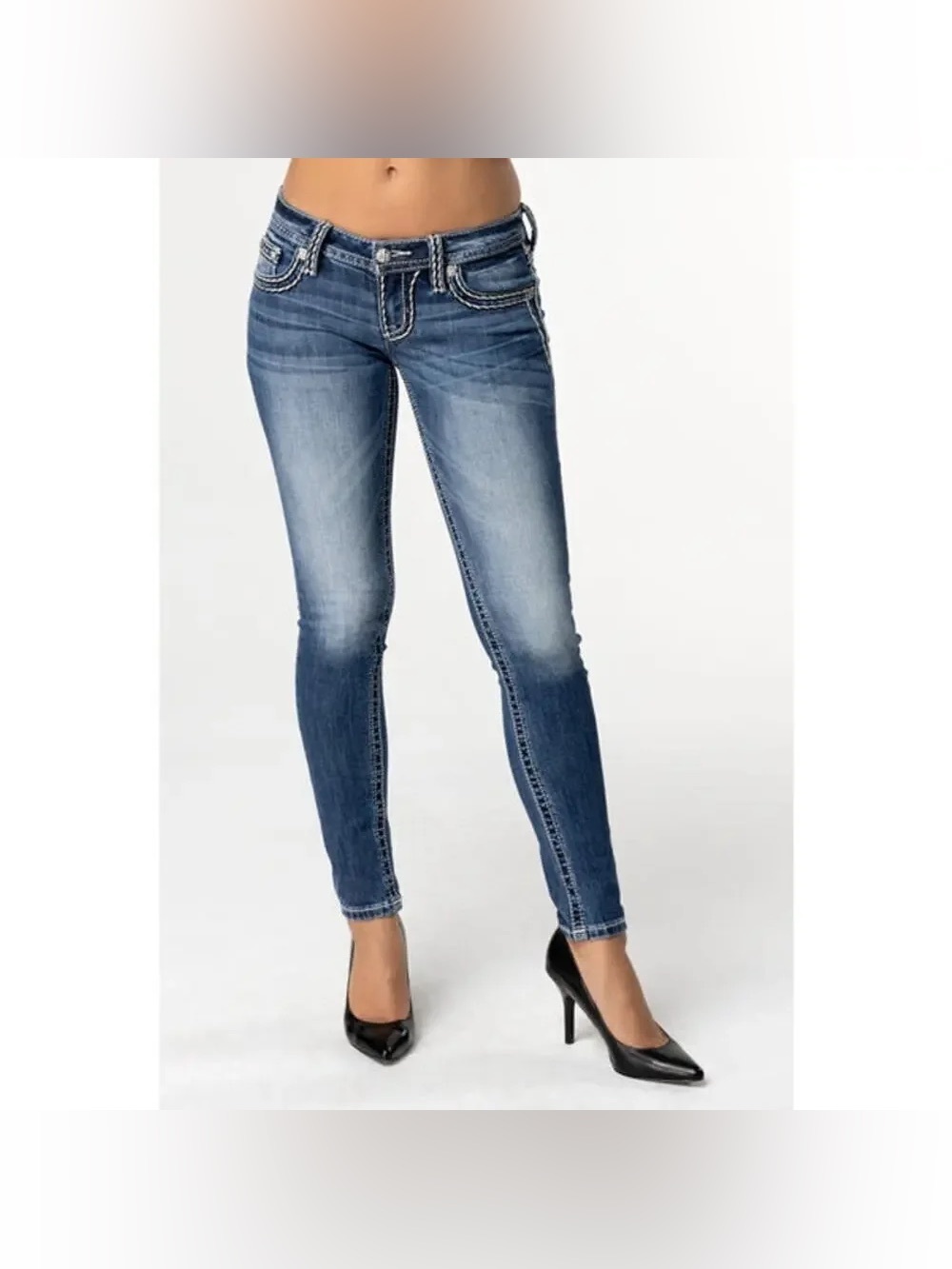 Miss Me “Skinny” Low Rise Jeans With Contrast Stitching And Rhinestone Detail